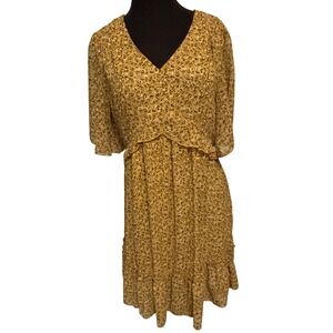 Boho Mustard Yellow Floral V-Neck Ruffle Tiered Midi Dress Womens Size M Flowy